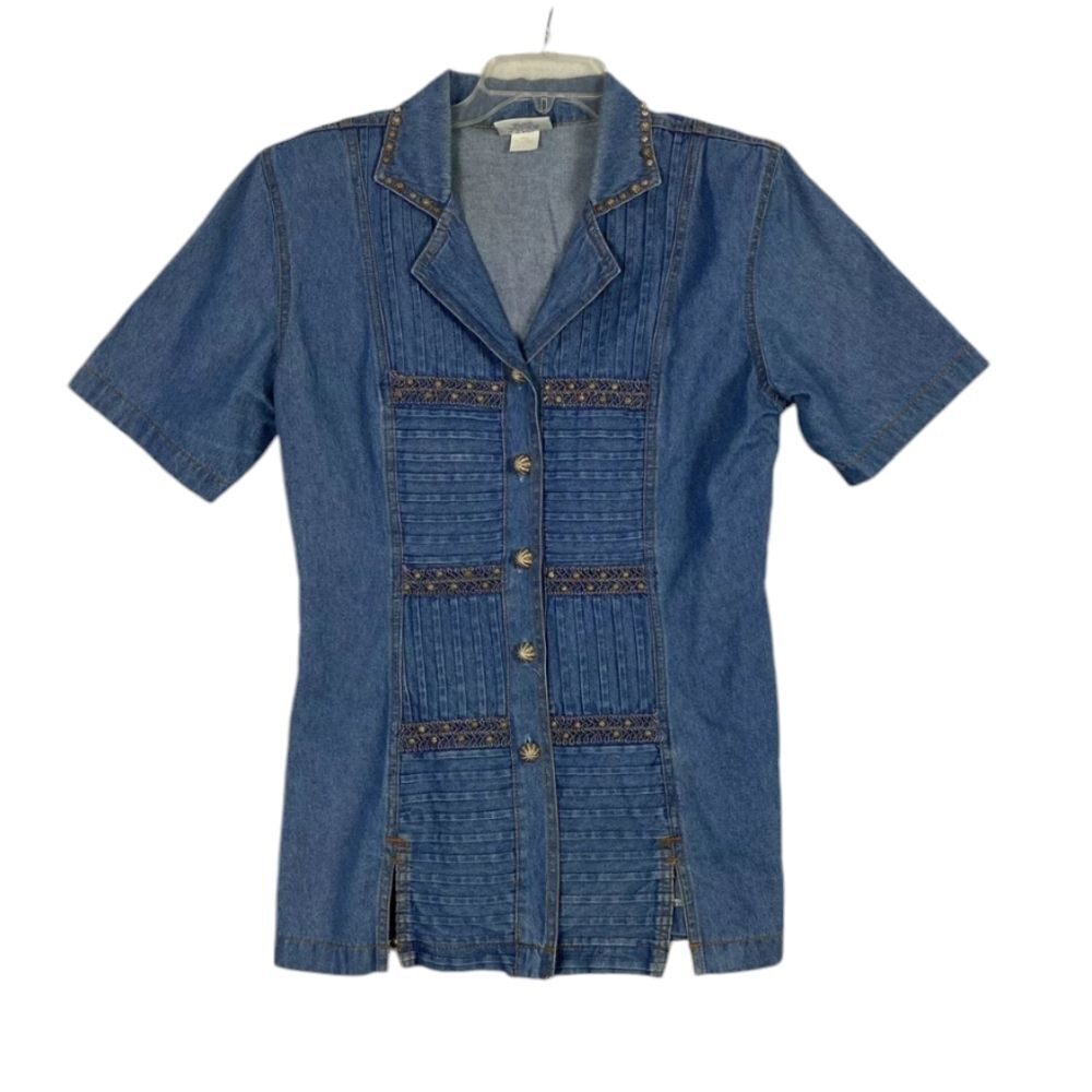 Vintage Monique Denim Tunic Blouse 90s 80s Beaded Pleated Button Down Top - GUC